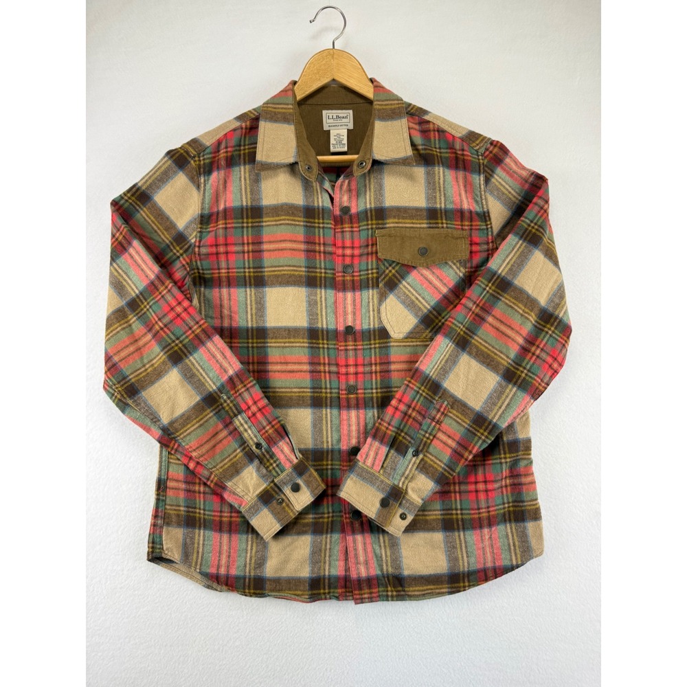 L.L.‎ Bean Plaid Flannel Shirt Mens Medium Regular Corduroy Trim Snap Front